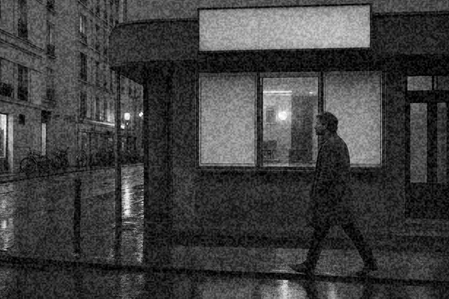 Rainy cinema street with pushed monochrome film grain