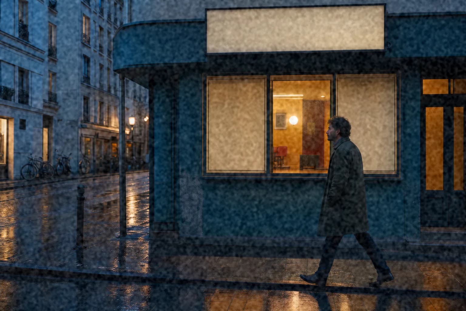 Rainy cinema street at dusk with visible color grain and deep shadows in the style of CineStill 800T