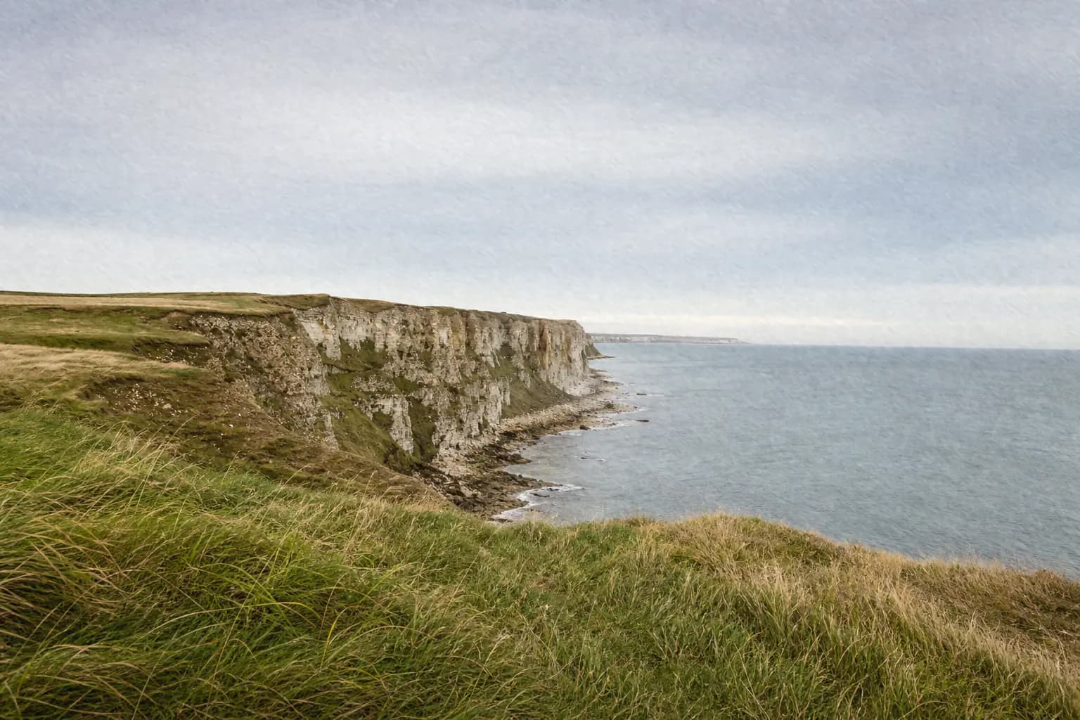 Overcast coastal cliffs with moderate grain, warm tones, and faded blacks in the style of Kodak Gold 200
